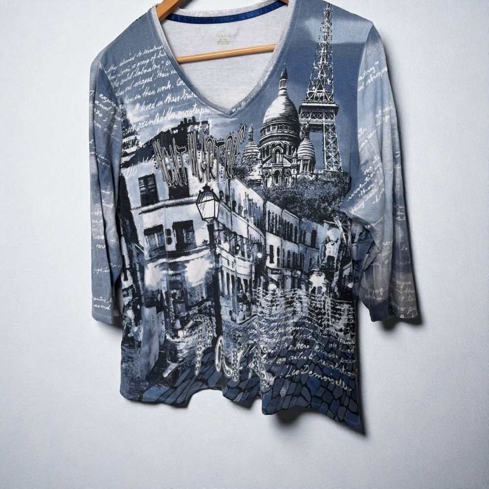 Paris Graphic V-Neck Top • Eiffel Tower & Montmartre Print Tee Y2K XL